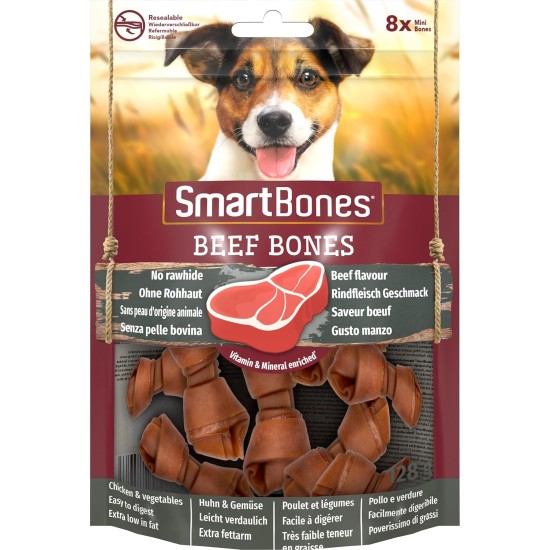 SmartBones Chew Bone Mini - Chew Snack with Beef Flavour for Small Dogs, Bones with Soft Texture, No Raw Skin, Pack of 8 SmartBones Chew Bone Mini - Chew Snack with Beef Flavour for Small Dogs, Bones with Soft Texture, No Raw Skin, Pack of 8