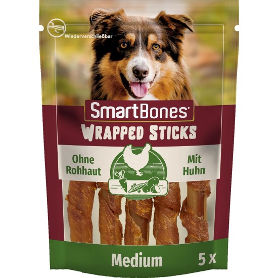 SmartBones Chicken Wrapped Sticks Medium - Hundesnack mit Huhn für mittelgroße Hunde, Kaustangen mit weicher Textur, ohne Rohhaut, 5 Stück SmartBones Chicken Wrapped Sticks Medium - Hundesnack mit Huhn für mittelgroße Hunde, Kaustangen mit weicher Textur, ohne Rohhaut, 5 Stück