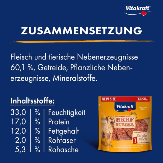 Vitakraft Beef Burger, Dog Treats, for in Between and on the Go, No Added Sugar (1 x 27 g) Vitakraft Beef Burger, Dog Treats, for in Between and on the Go, No Added Sugar (1 x 27 g)