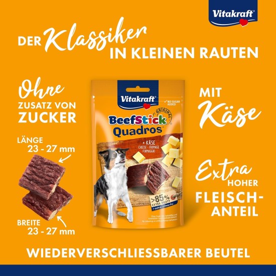 Vitakraft Beef Stick Quadros Dog Snack, Meaty Morsels, 70 g, Cheese Vitakraft Beef Stick Quadros Dog Snack, Meaty Morsels, 70 g, Cheese