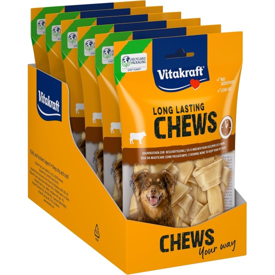Vitakraft Chews Dog Snack, 10 cm Long, Long-Lasting Chew Bone, for Intensive Activity, Made of Dried and Pressed Cow Skin, for Medium Dogs (6 x 173 g) Vitakraft Chews Dog Snack, 10 cm Long, Long-Lasting Chew Bone, for Intensive Activity, Made of Dried and Pressed Cow Skin, for Medium Dogs (6 x 173 g)