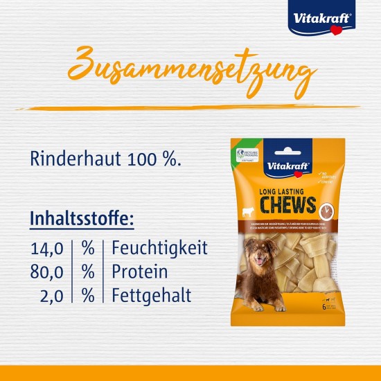 Vitakraft Chews Dog Snack, 10 cm Long, Long-Lasting Chew Bone, for Intensive Activity, Made of Dried and Pressed Cow Skin, for Medium Dogs (6 x 173 g) Vitakraft Chews Dog Snack, 10 cm Long, Long-Lasting Chew Bone, for Intensive Activity, Made of Dried and Pressed Cow Skin, for Medium Dogs (6 x 173 g)