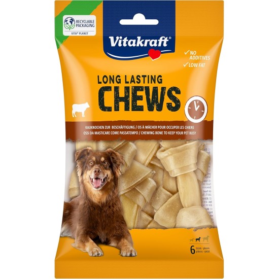Vitakraft Chews Dog Snack, 10 cm Long, Long-Lasting Chew Bone, for Intensive Activity, Made of Dried and Pressed Cow Skin, for Medium Dogs (6 x 173 g) Vitakraft Chews Dog Snack, 10 cm Long, Long-Lasting Chew Bone, for Intensive Activity, Made of Dried and Pressed Cow Skin, for Medium Dogs (6 x 173 g)