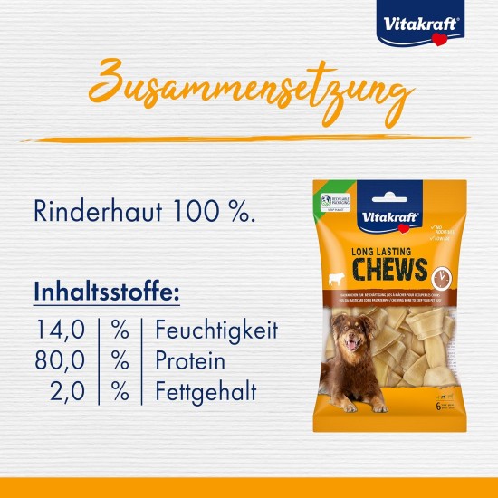 Vitakraft Chews Dog Snack, 10 cm Long, Long-Lasting Chew Bone, for Intensive Activity, Made of Dried and Pressed Cow Skin, for Medium Dogs (6 x 173 g) Vitakraft Chews Dog Snack, 10 cm Long, Long-Lasting Chew Bone, for Intensive Activity, Made of Dried and Pressed Cow Skin, for Medium Dogs (6 x 173 g)