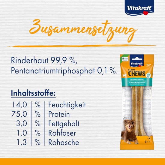 Vitakraft Chews Dog Snack, 21 cm Long, Chew Bone, Supports Dental Care and Oral Hygiene, Made of Pure Cow Skin, for Large Dogs, No Added Sugar and Grains (8 x 160 g) Vitakraft Chews Dog Snack, 21 cm Long, Chew Bone, Supports Dental Care and Oral Hygiene, Made of Pure Cow Skin, for Large Dogs, No Added Sugar and Grains (8 x 160 g)