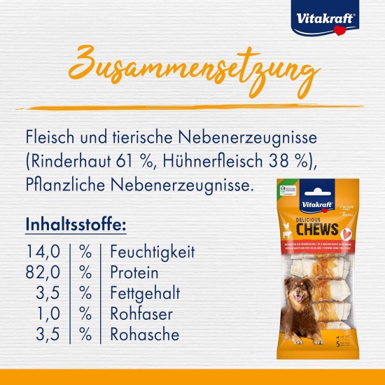 Vitakraft Chews Dog Snack, Chew Knot for Reward, Made of Dried Cow Skin, Wrapped with Chicken Meat, Low Fat, No Added Sugar and Grains (10 x 70 g) Vitakraft Chews Dog Snack, Chew Knot for Reward, Made of Dried Cow Skin, Wrapped with Chicken Meat, Low Fat, No Added Sugar and Grains (10 x 70 g)