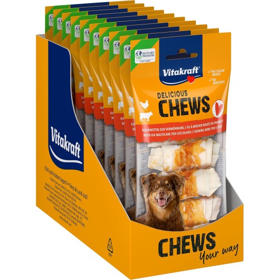 Vitakraft Chews Dog Snack, Chew Knot for Reward, Made of Dried Cow Skin, Wrapped with Chicken Meat, Low Fat, No Added Sugar and Grains (10 x 70 g) Vitakraft Chews Dog Snack, Chew Knot for Reward, Made of Dried Cow Skin, Wrapped with Chicken Meat, Low Fat, No Added Sugar and Grains (10 x 70 g)
