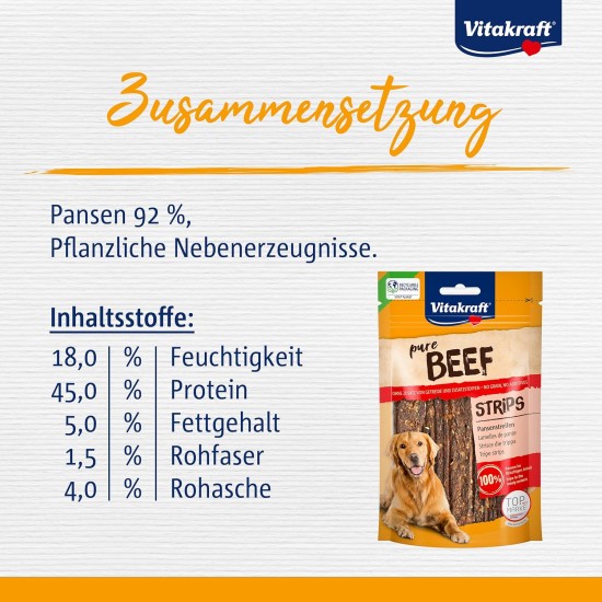 Vitakraft Pure Beef Strips, Hundeleckerli, Pansenstreifen vom Rind, Hunde Trainingsleckerli, ohne Zusatz von Zucker (1x 80g) Vitakraft Pure Beef Strips, Hundeleckerli, Pansenstreifen vom Rind, Hunde Trainingsleckerli, ohne Zusatz von Zucker (1x 80g)