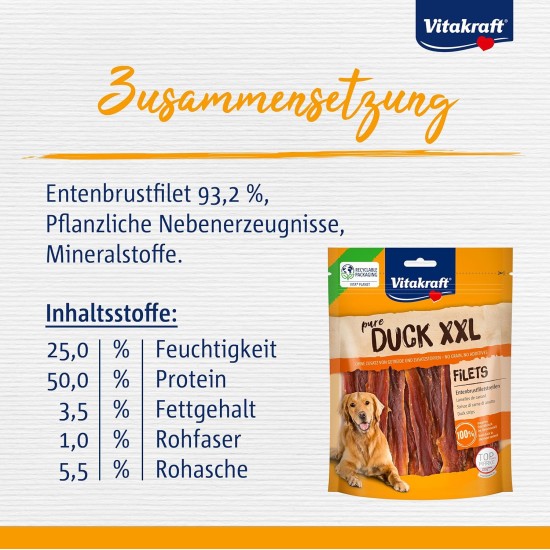 Vitakraft Pure Duck XXL Filet, Hundeleckerli, Entenbrustfiletstreifen, Hunde Trainingsleckerli, ohne Zusatz von Zucker (6x 250g) Vitakraft Pure Duck XXL Filet, Hundeleckerli, Entenbrustfiletstreifen, Hunde Trainingsleckerli, ohne Zusatz von Zucker (6x 250g)