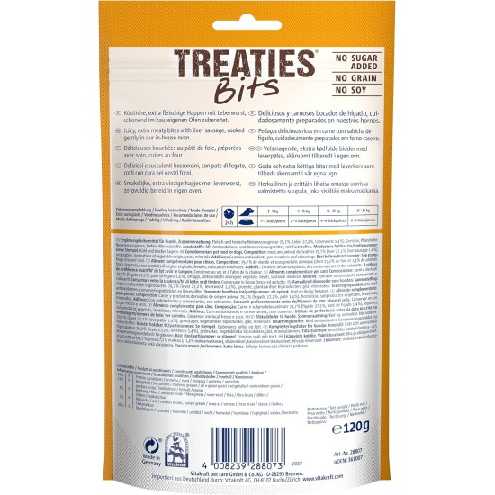 Vitakraft Treaties Bits, Hundeleckerlie, mit Leberwurst, mit hohem Fleischanteil, ideal als Belohnung und Training, ohne Zusatz von Zucker und Getreide (1x 120g) Vitakraft Treaties Bits, Hundeleckerlie, mit Leberwurst, mit hohem Fleischanteil, ideal als Belohnung und Training, ohne Zusatz von Zucker und Getreide (1x 120g)