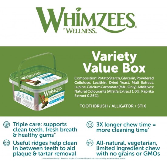 WHIMZEES By Wellness Mixed Variety Box Chew Sticks for Medium Dogs for Dental Care, Medium, Pack of 28, No Added Sugar, Grain-Free, Natural, Low Fat WHIMZEES By Wellness Mixed Variety Box Chew Sticks for Medium Dogs for Dental Care, Medium, Pack of 28, No Added Sugar, Grain-Free, Natural, Low Fat