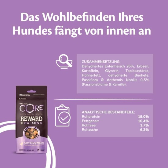 Wellness CORE Reward+ Ente & Kamille, 170 g, sanfte Hundeleckerli zur Belohnung, ohne Zuckerzusatz, getreidefrei, mit hohem Fleischanteil, fördert die Beruhigung deines Hundes Wellness CORE Reward+ Ente & Kamille, 170 g, sanfte Hundeleckerli zur Belohnung, ohne Zuckerzusatz, getreidefrei, mit hohem Fleischanteil, fördert die Beruhigung deines Hundes
