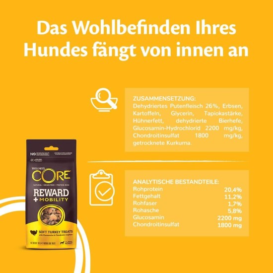 Wellness CORE Reward+ Pute, 170 g, sanfte Hundeleckerli zur Belohnung, ohne Zuckerzusatz, getreidefrei, mit hohem Fleischanteil, fördert die Mobilität deines Hundes Wellness CORE Reward+ Pute, 170 g, sanfte Hundeleckerli zur Belohnung, ohne Zuckerzusatz, getreidefrei, mit hohem Fleischanteil, fördert die Mobilität deines Hundes