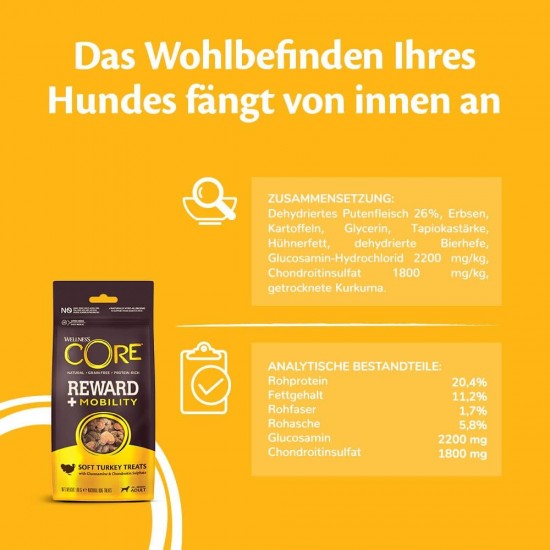 Wellness CORE Reward+ Turkey, 170 g, Gentle Dog Treats for Reward, No Added Sugar, Grain-Free, with High Meat Content, Promotes Your Dog's Mobility Wellness CORE Reward+ Turkey, 170 g, Gentle Dog Treats for Reward, No Added Sugar, Grain-Free, with High Meat Content, Promotes Your Dog's Mobility