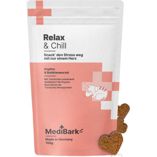 4barks MediBark Relax & Chill Soothing Agent as Treat, 100% Natural Anti-Stress Snack, Gluten & Sugar Free, Dog Treats Against Stress & Anxiety, with Valerian & Passion Flower, 150 g 4barks MediBark Relax & Chill Soothing Agent as Treat, 100% Natural Anti-Stress Snack, Gluten & Sugar Free, Dog Treats Against Stress & Anxiety, with Valerian & Passion Flower, 150 g