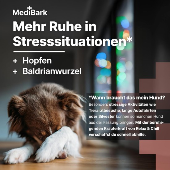 4barks MediBark Relax & Chill Soothing Agent as Treat, 100% Natural Anti-Stress Snack, Gluten & Sugar Free, Dog Treats Against Stress & Anxiety, with Valerian & Passion Flower, 150 g 4barks MediBark Relax & Chill Soothing Agent as Treat, 100% Natural Anti-Stress Snack, Gluten & Sugar Free, Dog Treats Against Stress & Anxiety, with Valerian & Passion Flower, 150 g