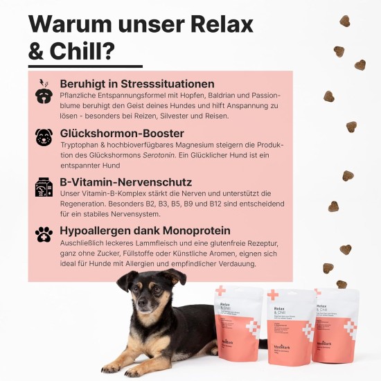 4barks MediBark Relax & Chill Soothing Agent as Treat, 100% Natural Anti-Stress Snack, Gluten & Sugar Free, Dog Treats Against Stress & Anxiety, with Valerian & Passion Flower, 150 g 4barks MediBark Relax & Chill Soothing Agent as Treat, 100% Natural Anti-Stress Snack, Gluten & Sugar Free, Dog Treats Against Stress & Anxiety, with Valerian & Passion Flower, 150 g