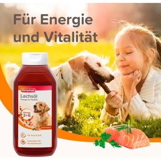 BEAPHAR - Salmon Oil for Dogs and Cats - Energy and Vitality - Ideal for a BARF Diet - Supports Heart, Skin and Coat - With Omega 3 and Omega 6 - Daily Vitamin Intake - 430 ml BEAPHAR - Salmon Oil for Dogs and Cats - Energy and Vitality - Ideal for a BARF Diet - Supports Heart, Skin and Coat - With Omega 3 and Omega 6 - Daily Vitamin Intake - 430 ml