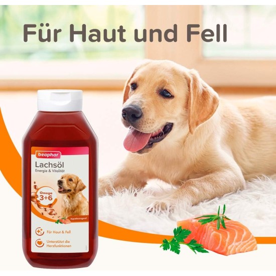 BEAPHAR - Salmon Oil for Dogs and Cats - Energy and Vitality - Ideal for a BARF Diet - Supports Heart, Skin and Coat - With Omega 3 and Omega 6 - Daily Vitamin Intake - 430 ml BEAPHAR - Salmon Oil for Dogs and Cats - Energy and Vitality - Ideal for a BARF Diet - Supports Heart, Skin and Coat - With Omega 3 and Omega 6 - Daily Vitamin Intake - 430 ml