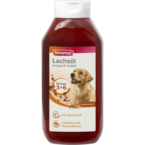 BEAPHAR - Salmon Oil for Dogs and Cats - Energy and Vitality - Ideal for a BARF Diet - Supports Heart, Skin and Coat - With Omega 3 and Omega 6 - Daily Vitamin Intake - 430 ml BEAPHAR - Salmon Oil for Dogs and Cats - Energy and Vitality - Ideal for a BARF Diet - Supports Heart, Skin and Coat - With Omega 3 and Omega 6 - Daily Vitamin Intake - 430 ml