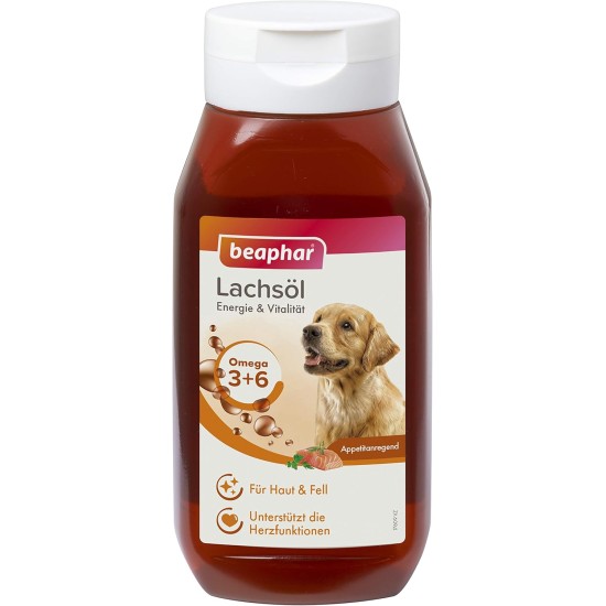 BEAPHAR - Salmon Oil for Dogs and Cats - Energy and Vitality - Ideal for a BARF Diet - Supports Heart, Skin and Coat - With Omega 3 and Omega 6 - Daily Vitamin Intake - 430 ml