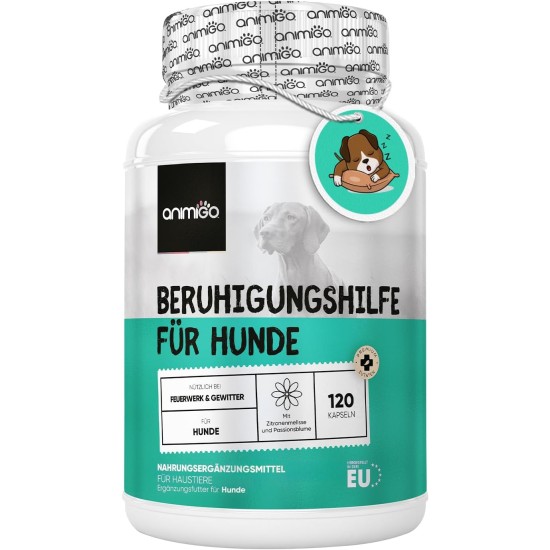 Calming Agent for Dogs - 120 Relaxation Capsules with Taurine, Ashwagandha, Passion Flower & Vitamin B1 - Alternative to Sleeping Pills for Anxiety, Stress, Anxiety - High Acceptance - animigo Calming Agent for Dogs - 120 Relaxation Capsules with Taurine, Ashwagandha, Passion Flower & Vitamin B1 - Alternative to Sleeping Pills for Anxiety, Stress, Anxiety - High Acceptance - animigo