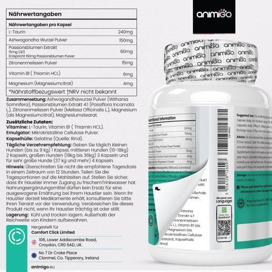 Calming Agent for Dogs - 120 Relaxation Capsules with Taurine, Ashwagandha, Passion Flower & Vitamin B1 - Alternative to Sleeping Pills for Anxiety, Stress, Anxiety - High Acceptance - animigo Calming Agent for Dogs - 120 Relaxation Capsules with Taurine, Ashwagandha, Passion Flower & Vitamin B1 - Alternative to Sleeping Pills for Anxiety, Stress, Anxiety - High Acceptance - animigo