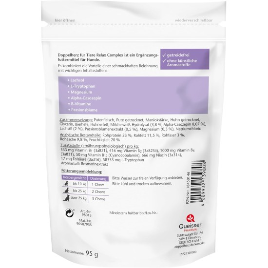 Doppelherz Relax Complex for Dogs - With Alpha Casozepine, L-Tryptophan and Passion Flower - Support for Mental Wellbeing - 60 Chews Doppelherz Relax Complex for Dogs - With Alpha Casozepine, L-Tryptophan and Passion Flower - Support for Mental Wellbeing - 60 Chews
