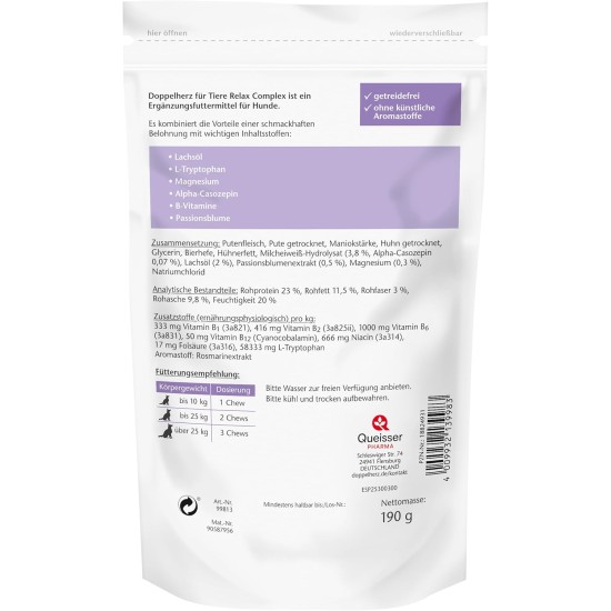 Doppelherz Relax Complex for Dogs - With Alpha Casozepine, L-Tryptophan and Passion Flower - Support for Mental Wellbeing - 60 Chews Doppelherz Relax Complex for Dogs - With Alpha Casozepine, L-Tryptophan and Passion Flower - Support for Mental Wellbeing - 60 Chews