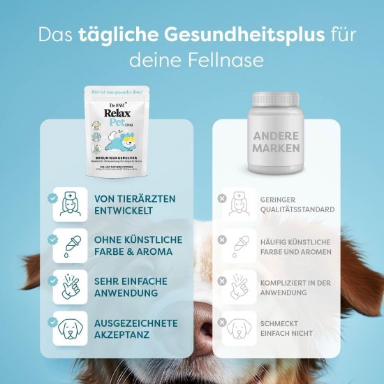 Dr. SAM Premium Anti-Stress Powder for Dogs – RelaxPet as a Natural Soothing Agent for Relaxation from Anxiety and Stress – Peace When Travelling and Special Occasions – High Dose – 45 g Dr. SAM Premium Anti-Stress Powder for Dogs – RelaxPet as a Natural Soothing Agent for Relaxation from Anxiety and Stress – Peace When Travelling and Special Occasions – High Dose – 45 g