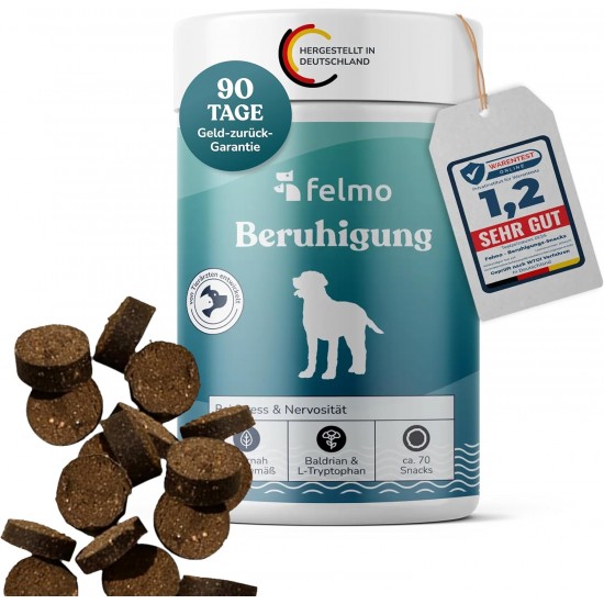 FELMO Soothing Snacks for Dogs, Treats for Soothing Stress and Against Tension - With Valerian for Relaxation and Balance of Your Dog, Without Habituation Effect FELMO Soothing Snacks for Dogs, Treats for Soothing Stress and Against Tension - With Valerian for Relaxation and Balance of Your Dog, Without Habituation Effect