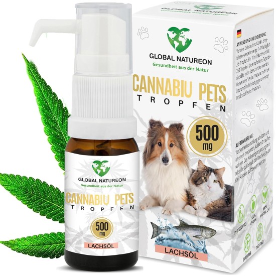 GLOBAL NATUREON® Cannabiu Pets Oil 500 mg (30 ml) Salmon Oil Based, Sedative for Dogs and Cats, Drops for Anxiety, Stress & Travel, Natural Product for Animals, No Preservatives