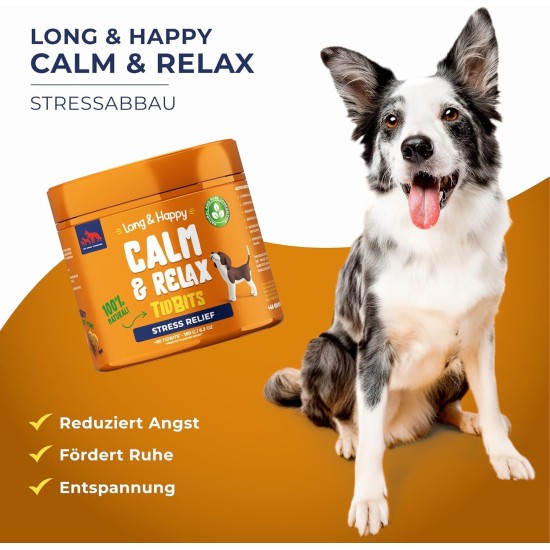 Long & Happy Calm and Relax - Calming Agent for Dogs - Dog Treats Relief from Stress and Restlessness in Dogs - Dog Biscuits with Valerian, Melissa, Ashwagandha, Flax Seeds - 180 g - Pack of 60 Long & Happy Calm and Relax - Calming Agent for Dogs - Dog Treats Relief from Stress and Restlessness in Dogs - Dog Biscuits with Valerian, Melissa, Ashwagandha, Flax Seeds - 180 g - Pack of 60
