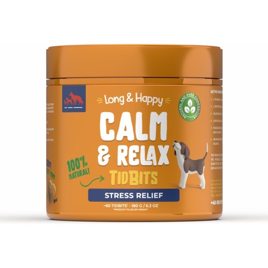 Long & Happy Calm and Relax - Calming Agent for Dogs - Dog Treats Relief from Stress and Restlessness in Dogs - Dog Biscuits with Valerian, Melissa, Ashwagandha, Flax Seeds - 180 g - Pack of 60