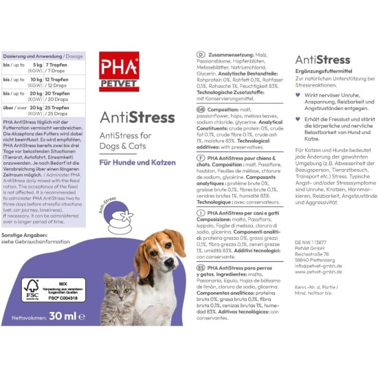 PHA Antistress Drops for Dogs & Cats - Natural Calming for Anxiety, Travel, New Year's Eve, Noise, with Melissa, Hops & Passion Flower, 30 ml PHA Antistress Drops for Dogs & Cats - Natural Calming for Anxiety, Travel, New Year's Eve, Noise, with Melissa, Hops & Passion Flower, 30 ml