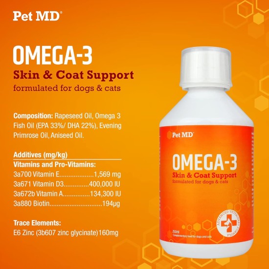 Pet MD Omega 3 for Dogs and Cats, Cod Liver Oil + Salmon Oil for Dogs, Fur and Skin Care for Cats, Vitamins for Dogs, Liquid Fish Oil for Cats - Anti-Inflammatory for Dogs, 250 ml Pet MD Omega 3 for Dogs and Cats, Cod Liver Oil + Salmon Oil for Dogs, Fur and Skin Care for Cats, Vitamins for Dogs, Liquid Fish Oil for Cats - Anti-Inflammatory for Dogs, 250 ml