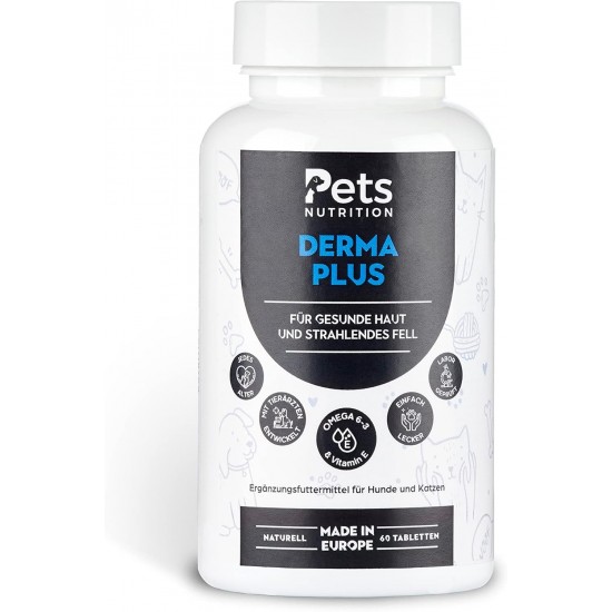 Pets Nutrition - Derma Plus 60 Chewable Tablets for Dogs and Cats - Supplementary Feed to Support Skin & Coat for Young and Old - Strengthening Grooming with Omega 3-6 & Vitamins Pets Nutrition - Derma Plus 60 Chewable Tablets for Dogs and Cats - Supplementary Feed to Support Skin & Coat for Young and Old - Strengthening Grooming with Omega 3-6 & Vitamins