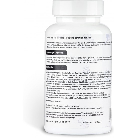 Pets Nutrition - Derma Plus 60 Chewable Tablets for Dogs and Cats - Supplementary Feed to Support Skin & Coat for Young and Old - Strengthening Grooming with Omega 3-6 & Vitamins Pets Nutrition - Derma Plus 60 Chewable Tablets for Dogs and Cats - Supplementary Feed to Support Skin & Coat for Young and Old - Strengthening Grooming with Omega 3-6 & Vitamins