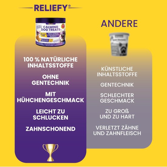 Reliefy Relax Time Soothing Agent for Dogs - 120 Treats with Valerian & Magnesium - Relaxation & Anti-Stress Agent - Delicious Snacks Peace & Relaxation Dog for Anxiety / Stress Reliefy Relax Time Soothing Agent for Dogs - 120 Treats with Valerian & Magnesium - Relaxation & Anti-Stress Agent - Delicious Snacks Peace & Relaxation Dog for Anxiety / Stress