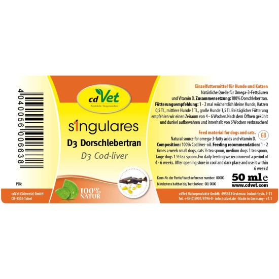 Singulares D3 Cod Liver Oil 50 ml for Animals Singulares D3 Cod Liver Oil 50 ml for Animals