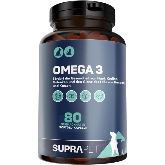 Suprapet Omega 3 for Dogs and Cats Fish Oil, EPA, DHA and Vitamin E 80 Capsules. Natural Supplementary Feed for Fur and Joints Suprapet Omega 3 for Dogs and Cats Fish Oil, EPA, DHA and Vitamin E 80 Capsules. Natural Supplementary Feed for Fur and Joints
