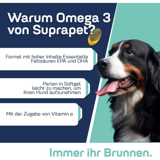 Suprapet Omega 3 for Dogs and Cats Fish Oil, EPA, DHA and Vitamin E 80 Capsules. Natural Supplementary Feed for Fur and Joints Suprapet Omega 3 for Dogs and Cats Fish Oil, EPA, DHA and Vitamin E 80 Capsules. Natural Supplementary Feed for Fur and Joints