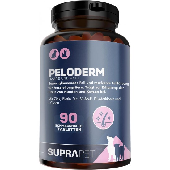 Suprapet Peloderm for Dogs and Cats, 90 Tablets Based on Biotin, Zinc, Vitamin B, Methionine and Cystine for Wellbeing and Shine of the Hair, Supplementary Feed Suprapet Peloderm for Dogs and Cats, 90 Tablets Based on Biotin, Zinc, Vitamin B, Methionine and Cystine for Wellbeing and Shine of the Hair, Supplementary Feed