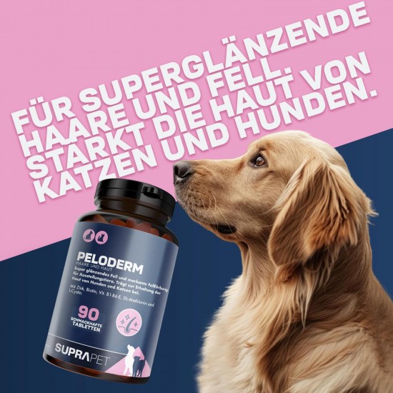 Suprapet Peloderm for Dogs and Cats, 90 Tablets Based on Biotin, Zinc, Vitamin B, Methionine and Cystine for Wellbeing and Shine of the Hair, Supplementary Feed Suprapet Peloderm for Dogs and Cats, 90 Tablets Based on Biotin, Zinc, Vitamin B, Methionine and Cystine for Wellbeing and Shine of the Hair, Supplementary Feed