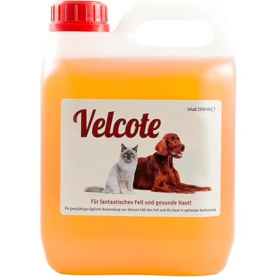 Velcote, cold-pressed oil with important omega 3 and omega -6 fatty acids to support coat change, 1 pack (1 x 2.5 litres), supplementary feed for dogs and cats Velcote, cold-pressed oil with important omega 3 and omega -6 fatty acids to support coat change, 1 pack (1 x 2.5 litres), supplementary feed for dogs and cats