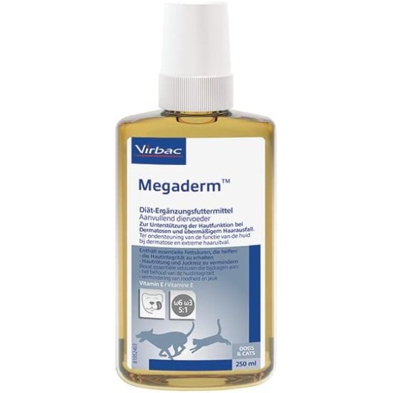 Virbac Megaderm | 250 ml | Dietary Supplement Food for Dogs and Cats | Can Support Skin Function in Dermatosis and Excessive Hair Loss | Contains Vitamin E
