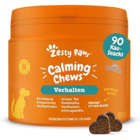 Zesty Paws Calming Chews for Dogs Relaxation & Anti-Stress Agent for Dogs Ashwagandha, Green Tea and L-Tryptophan For All Breeds with Turkey Flavour Pack of 90 Zesty Paws Calming Chews for Dogs Relaxation & Anti-Stress Agent for Dogs Ashwagandha, Green Tea and L-Tryptophan For All Breeds with Turkey Flavour Pack of 90