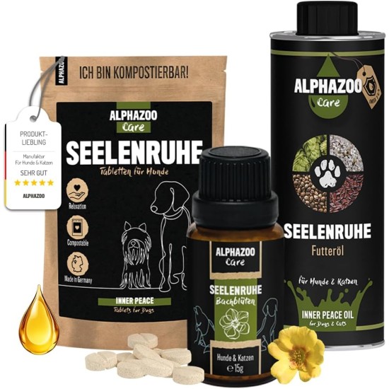 alphazoo Seelenruhe Combi Dogs, Calming Tablets, Oil for Dogs & Bach Flowers, Soothing, Relaxing & Against Stress, Natural & Relax
