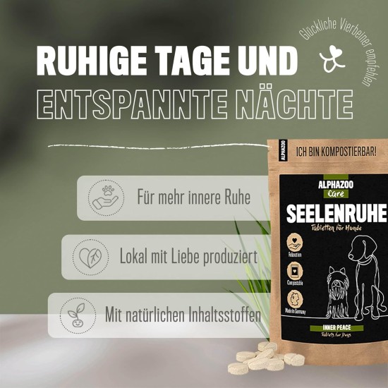 alphazoo Seelenruhe Natural Soothing Agent for Dogs, 120 x Tablets with Hemp Oil and Valerian, Against Stress and Anxiety, For More Relaxation alphazoo Seelenruhe Natural Soothing Agent for Dogs, 120 x Tablets with Hemp Oil and Valerian, Against Stress and Anxiety, For More Relaxation