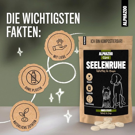 alphazoo Seelenruhe Natural Soothing Agent for Dogs, 120 x Tablets with Hemp Oil and Valerian, Against Stress and Anxiety, For More Relaxation alphazoo Seelenruhe Natural Soothing Agent for Dogs, 120 x Tablets with Hemp Oil and Valerian, Against Stress and Anxiety, For More Relaxation